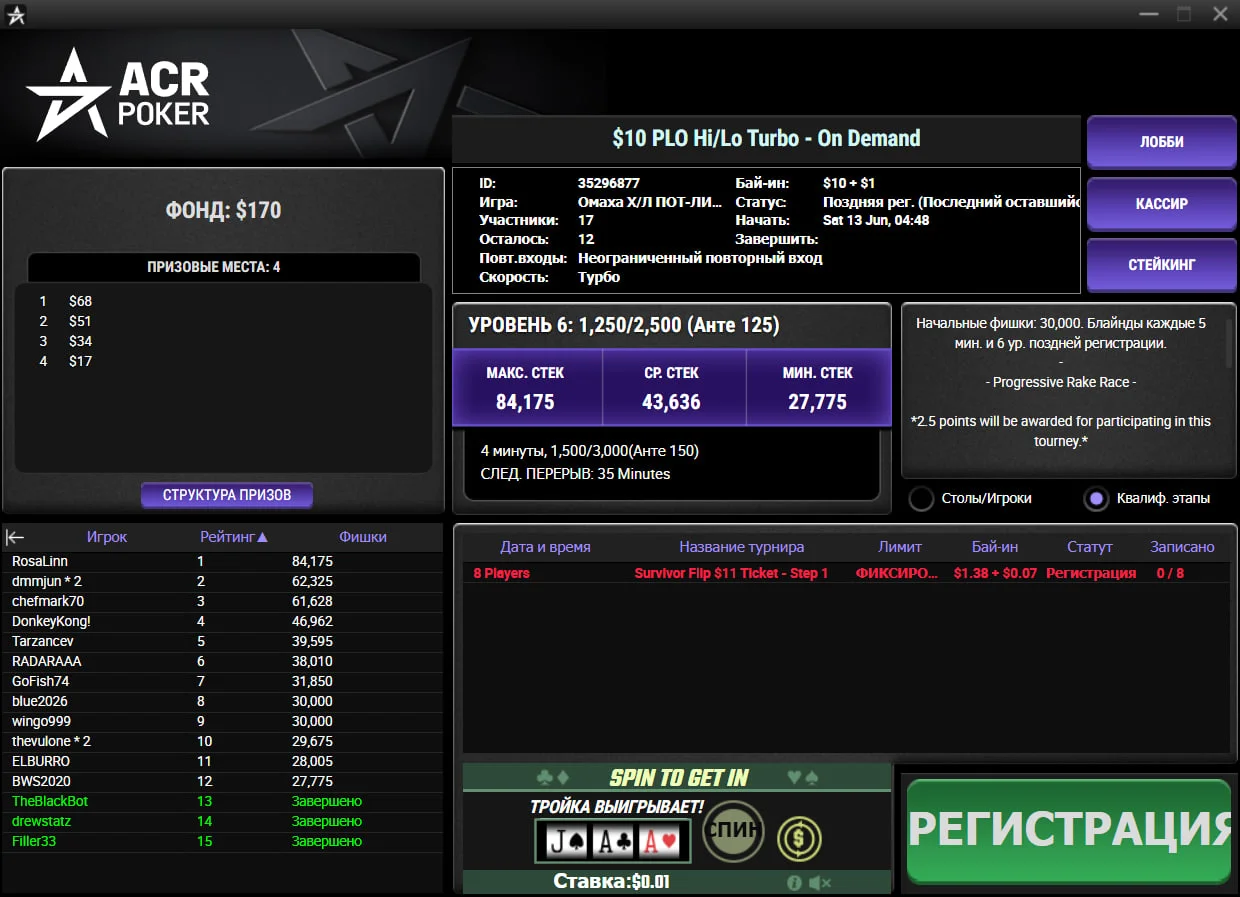 обби турнира в ACR Poker: актуальная информация о структуре блайндов, призовом фонде, бай-инах и количестве оставшихся участников. Удобная навигация для анализа поля перед началом игры.