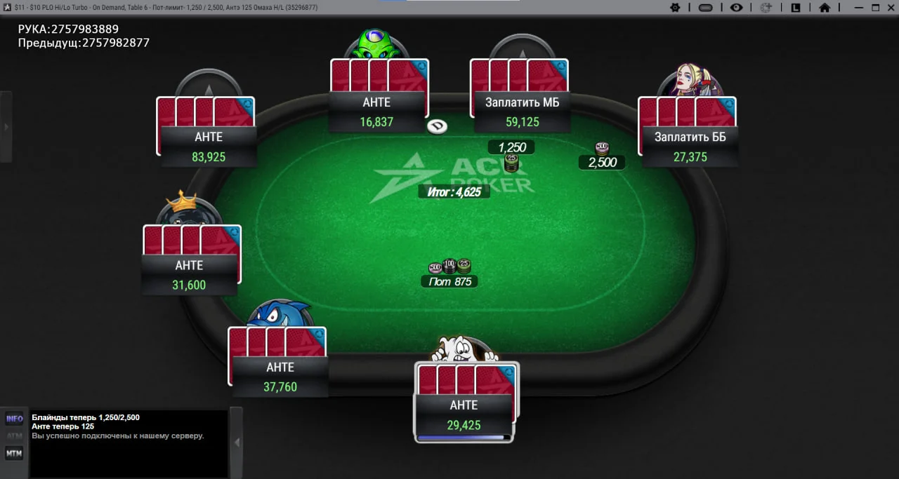 Игровой стол Americas Cardroom: интерфейс, поддерживающий использование стороннего софта и HUD. Вид стола во время раздачи в техасский холдем — всё необходимое для комфортного гринда и анализа статистики в реальном времени.