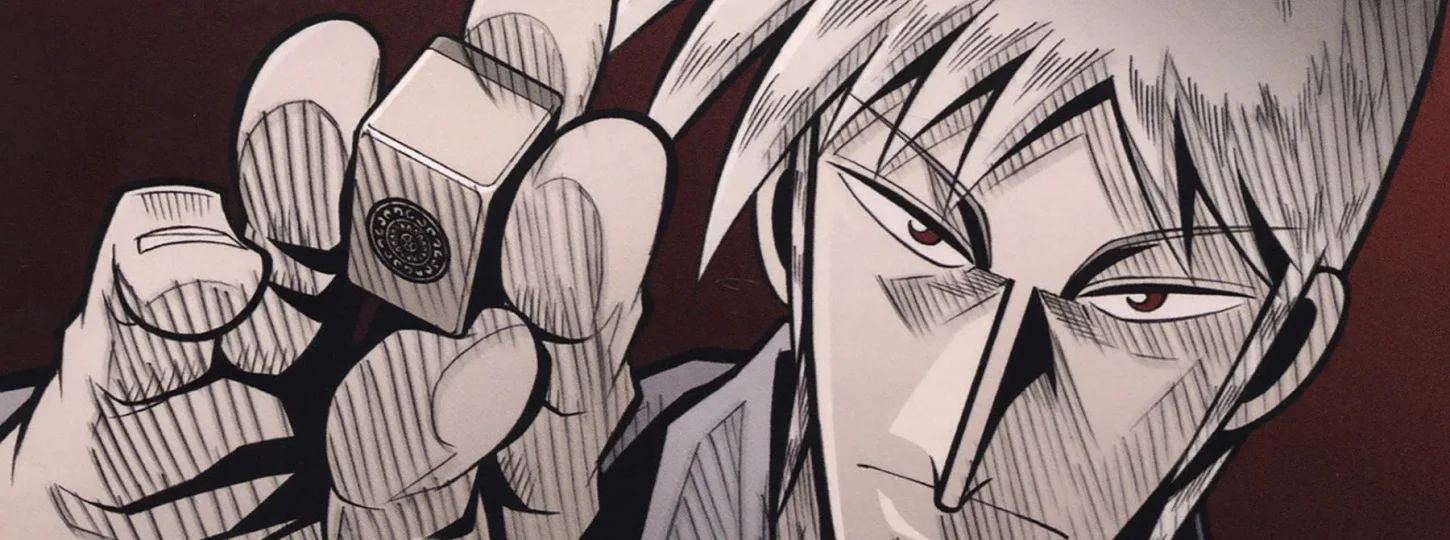 Akagi holding a mahjong tile: a game where composure is key.